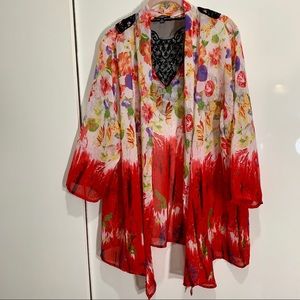 Red Floral kimono with black lace.
